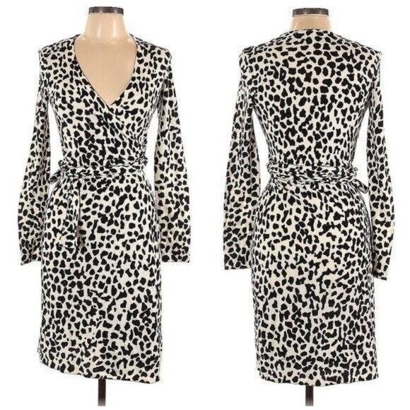 Diane Von Furstenberg Dresses & Skirts - Diane Von Furstenberg Silk Black & White Leopard Print Long Sleeve Wrap Dress P